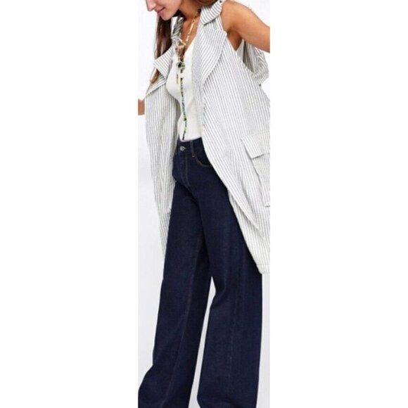 Zara Sz S Long Blue Ivory Striped Trench Seersucker Utility Duster Vest Jacket - Picture 3 of 12